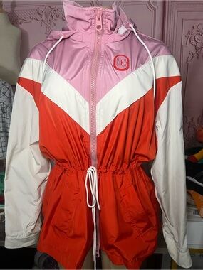 COACH Retro Colorblock Chevron Windbreaker Jacket Pink Orange White L